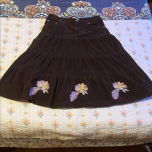 Vintage Brown Embroidered Floral Midi Skirt